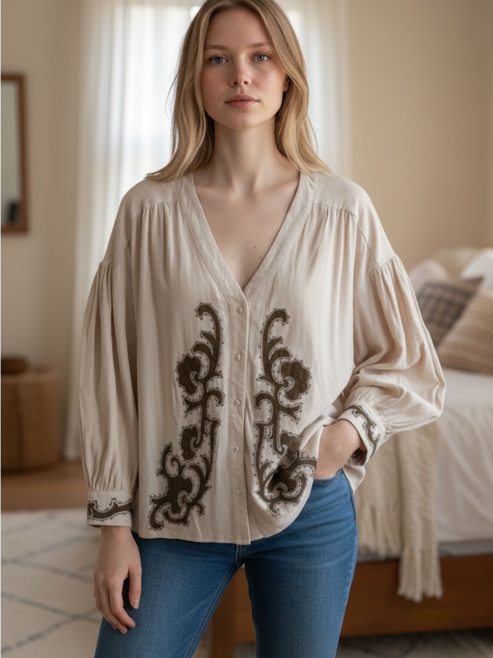 Galita Bohemian Embroidered V-Neck Peasant Blouse - Cream